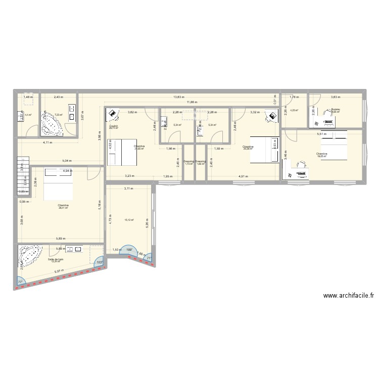 combles. Plan de 15 pièces et 184 m2