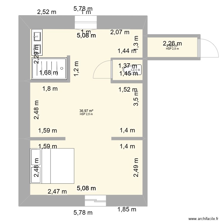 agrandissement maison. Plan de 2 pièces et 39 m2
