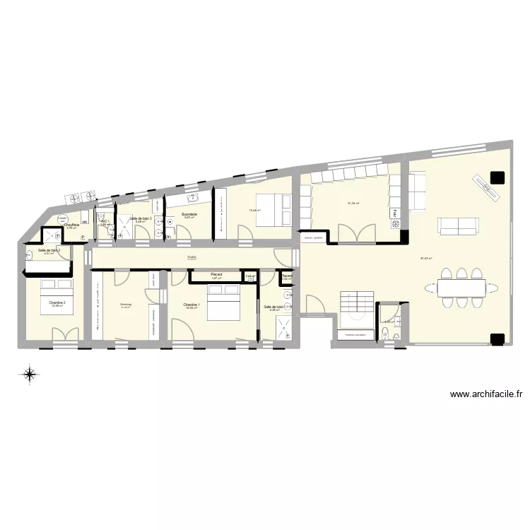 plan int&eacute;rieur V6. Plan de 23 pièces et 259 m²