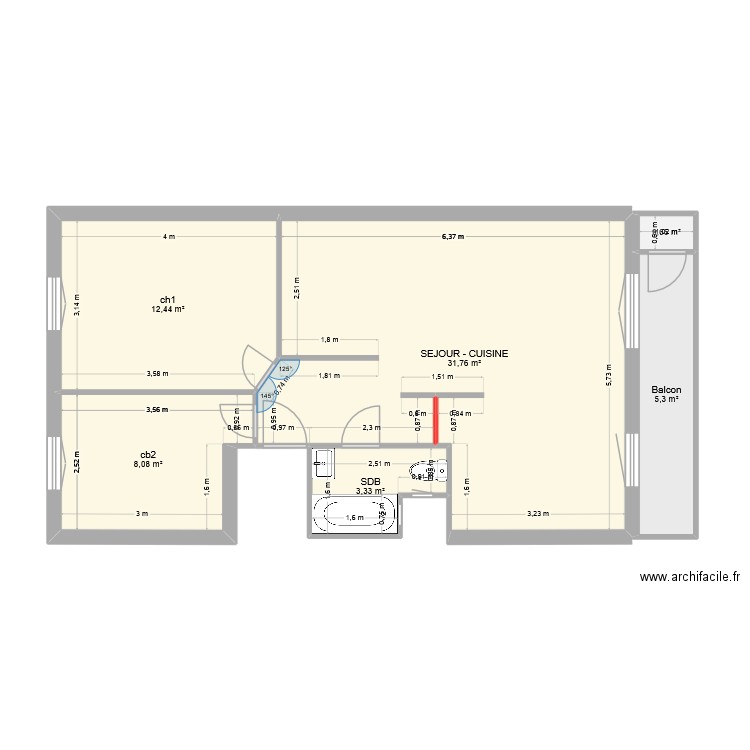 plan FONDERE avec modif. Plan de 6 pièces et 62 m2