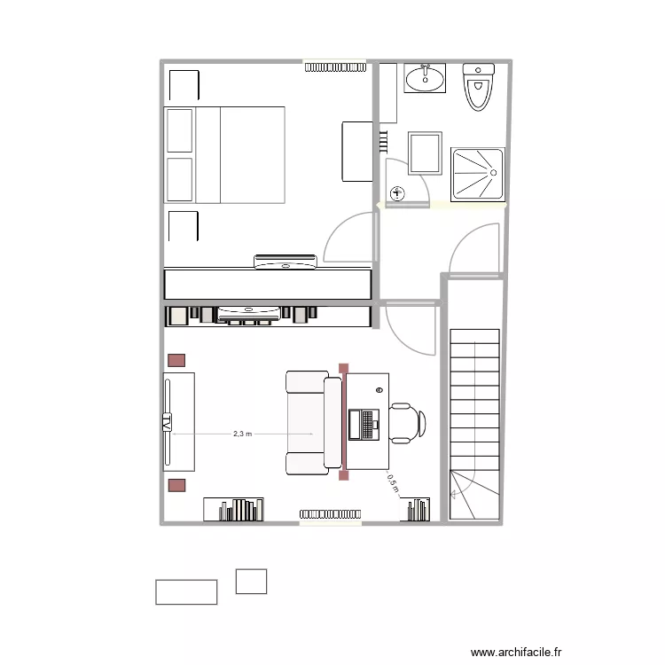 Salon + chambre 2. Plan de 5  et 40 m²