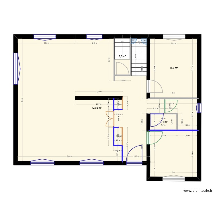 RDC - Maçonnerie / Placo. Plan de 5 pièces et 89 m2