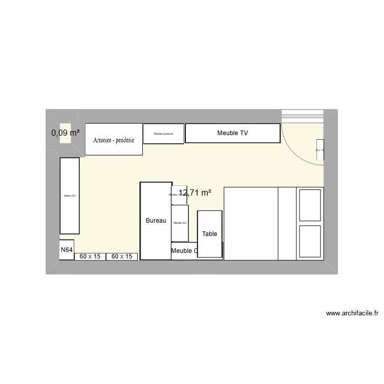 Chambre. Plan de 2  et 13 m²