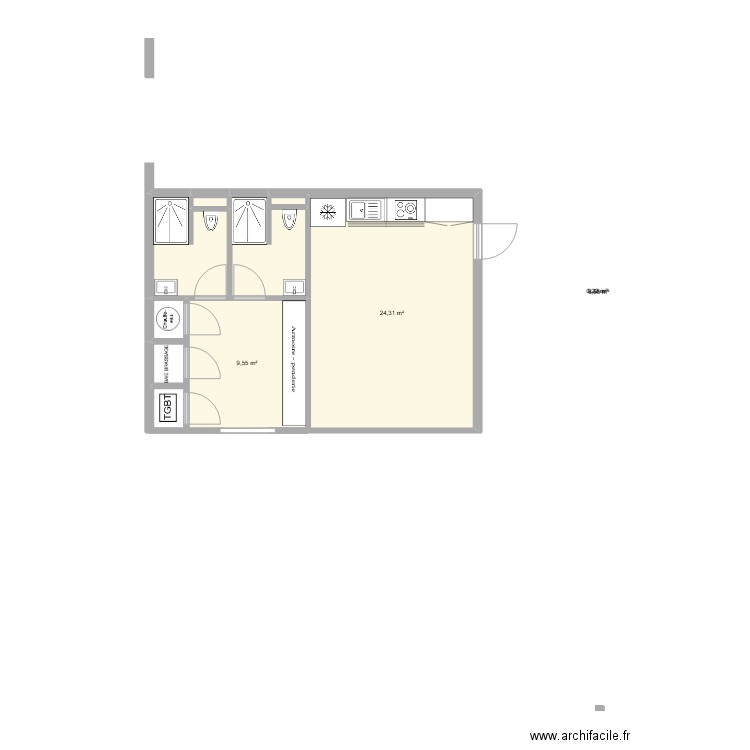BLOC SANITAIRE. Plan de 5 pièces et 43 m2