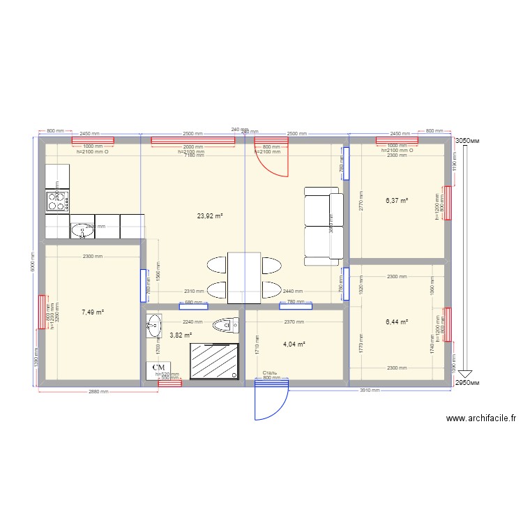 60 Щекавцево. Plan de 6 pièces et 52 m2