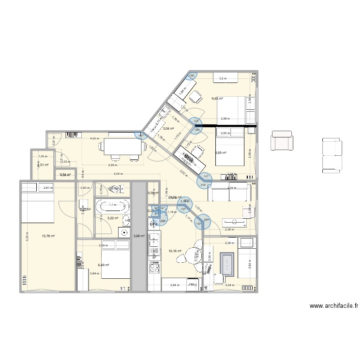 levallois9. Plan de 15 pièces et 94 m2