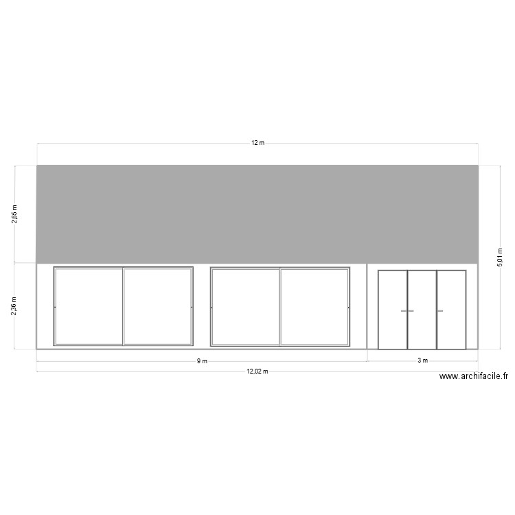 Avant projet façade SUD. Plan de 3 pièces et 60 m2