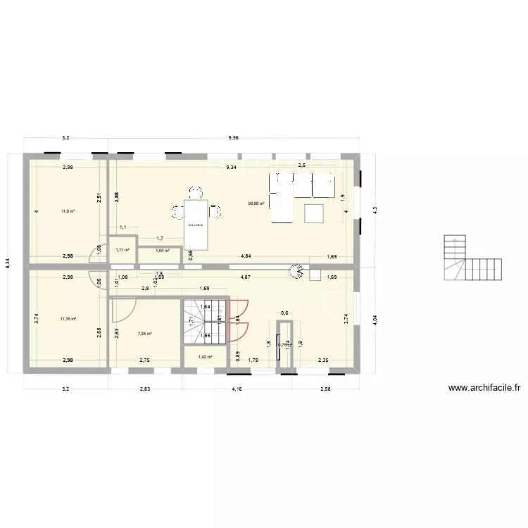 projet 1er &eacute;tage test cuisine 5.06. Plan de 8  et 94 m²