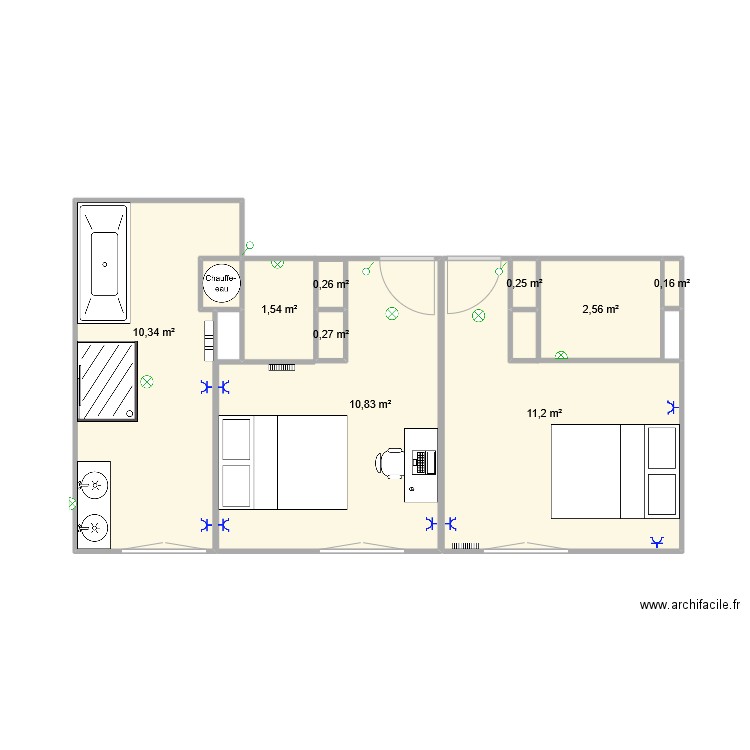 nuit. Plan de 10 pièces et 39 m2