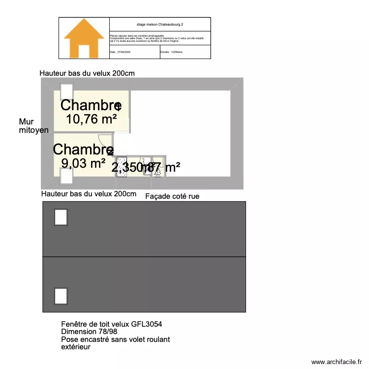 &eacute;tage maison Chateaubourg 2. Plan de 4  et 23 m²