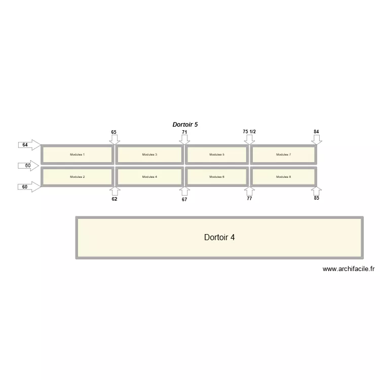 dortoir 5. Plan de 9  et 61 m²
