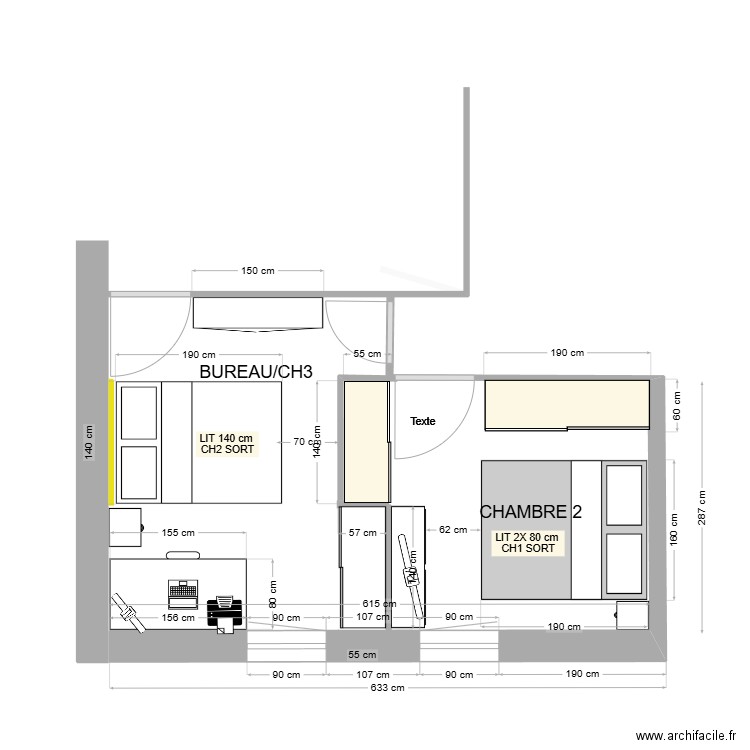 chambre parents en CH2 2 X 80 cm & BUREAU CH3 version LIT 140 cm. Plan de 0 pièce et 0 m2