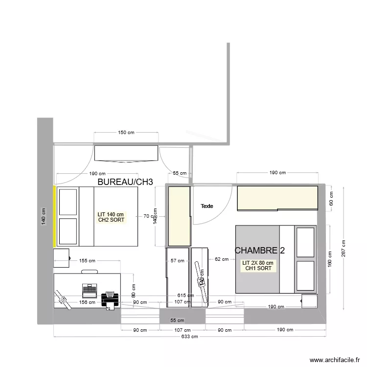 chambre parents en CH2 2 X 80 cm & BUREAU CH3 version LIT 140 cm. Plan de 