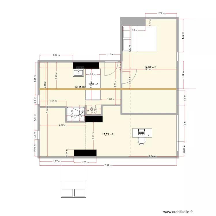 76 St Nicolas - R+5 - Am&eacute;nagement avec escalier PC. Plan de 4 pièces et 46 m²