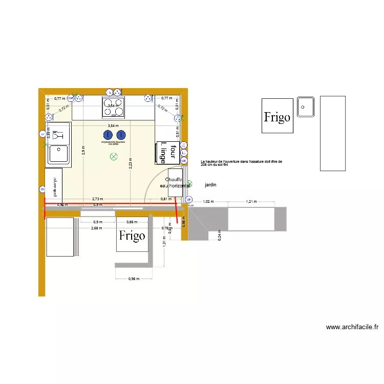 cuisine et arri&egrave;re cuisine bis. Plan de 2  et 10 m²