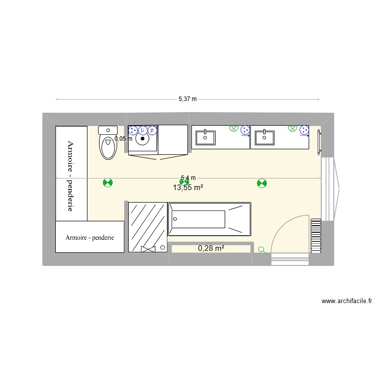sdb paradis V12. Plan de 2 pièces et 14 m2