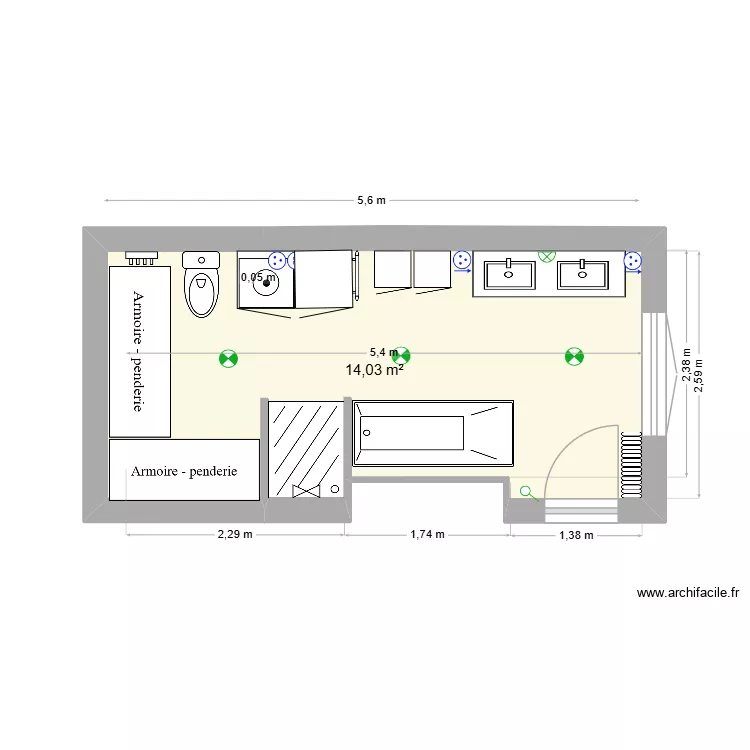 sdb paradis V12. Plan de 1 pièce et 14 m²