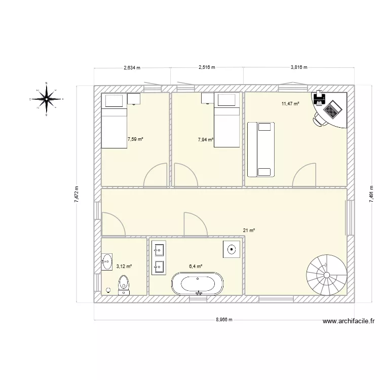etage 2. Plan de 6 pièces et 58 m²