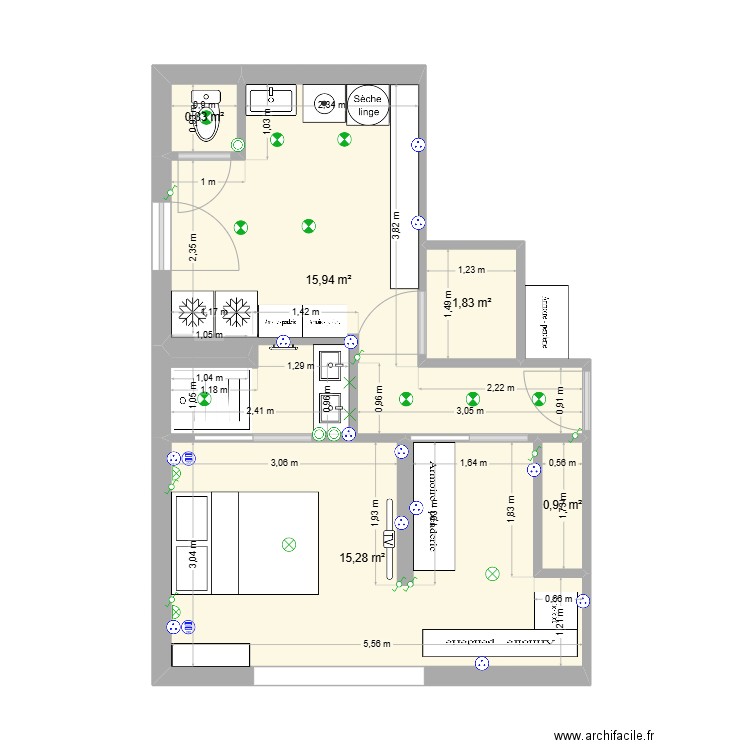 Suite parentale buanderie sde test 3. Plan de 5 pièces et 35 m2