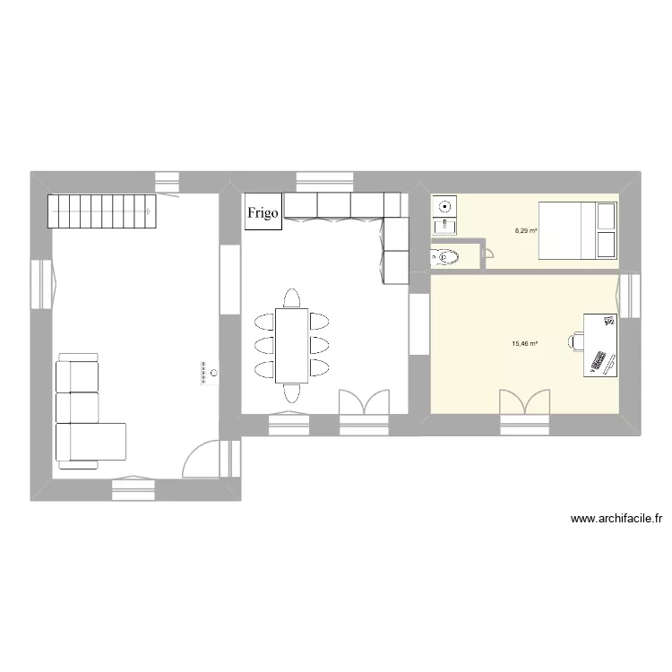 RDC futur. Plan de 2 pièces et 24 m²