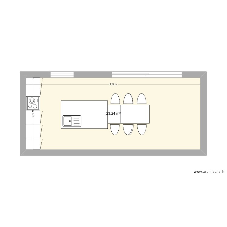 cuisine. Plan de 1 pièce et 23 m2