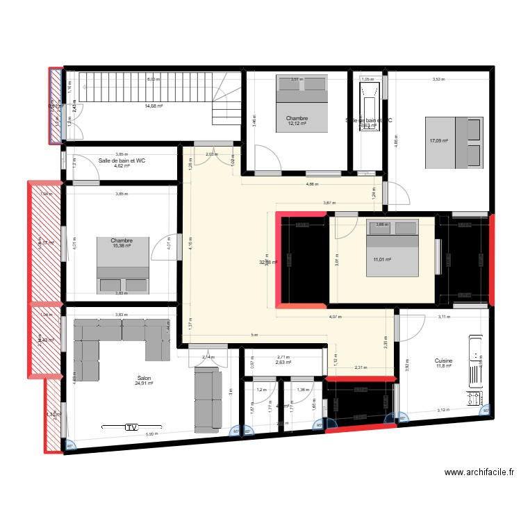 plan. Plan de 19 pièces et 177 m2