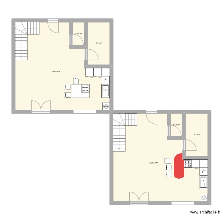 cuisine ilot central. Plan de 6 pièces et 87 m2