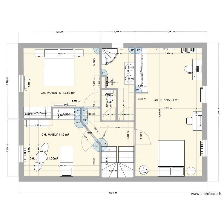 chambre leana. Plan de 3 pièces et 61 m2