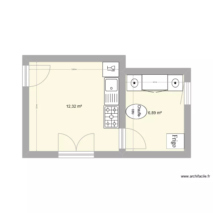 Cuisine. Plan de 2  et 19 m²