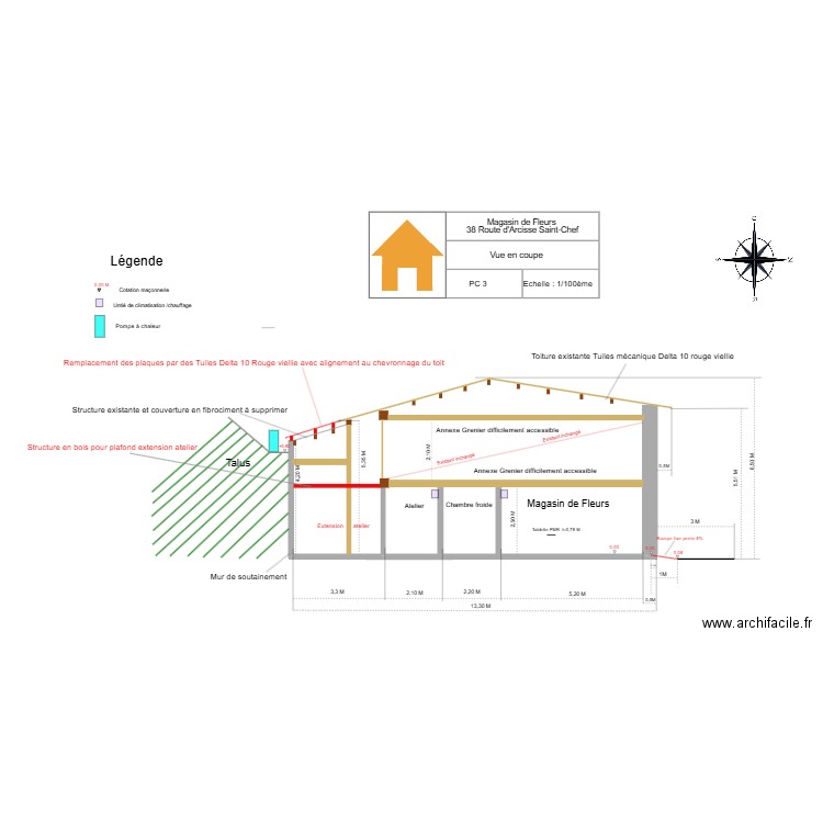 PC 3 COUPE AVEC VUE TOITURE APRES TRAVAUX. Plan de 0 pièce et 0 m2