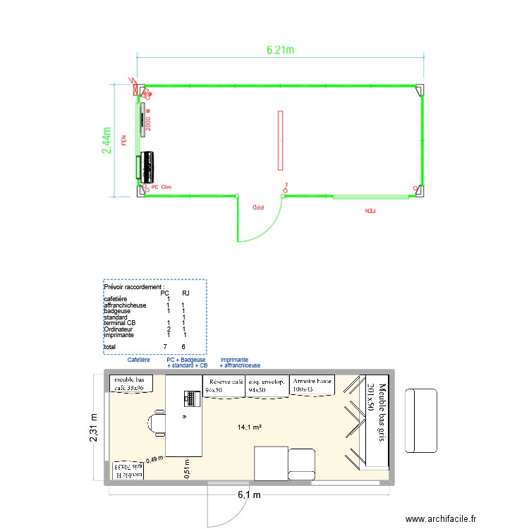 Algeco accueil. Plan de 1 pièce et 14 m2