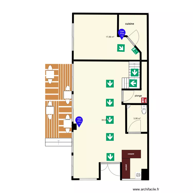 symphonie des crepes - evacuation. Plan de 4  et 62 m²