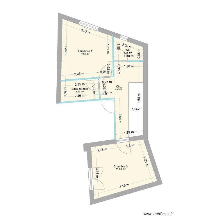 R+1 Grande location cotations. Plan de 6 pièces et 41 m2