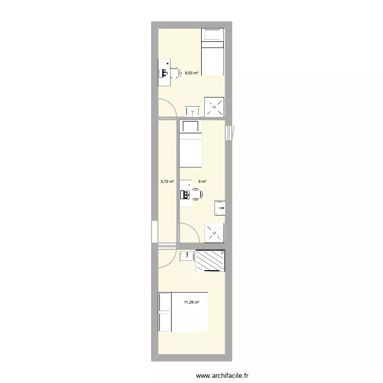 trois chambres. Plan de 4  et 34 m²