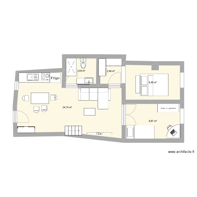 apartamento 3. Plan de 5 pièces et 48 m2