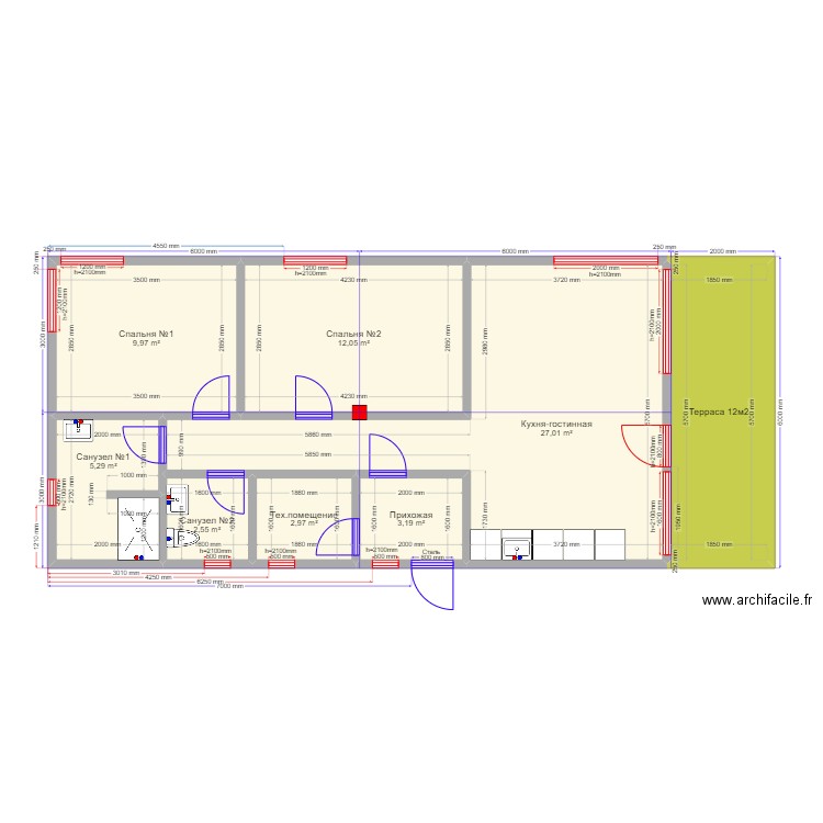Песочнево каркас. Plan de 8 pièces et 74 m2