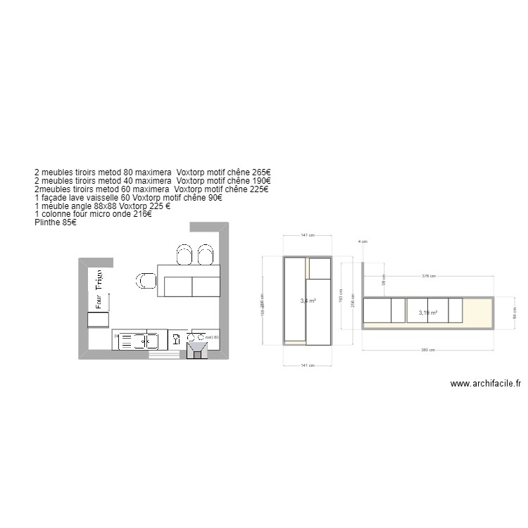 cuisine  ikea. Plan de 2 pièces et 7 m2