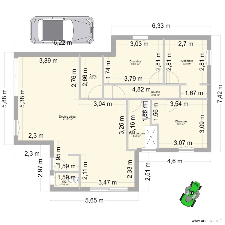 Les Zots. Plan de 8 pièces et 85 m2