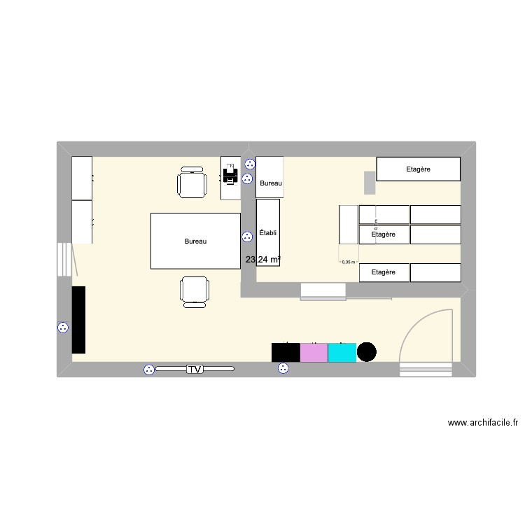 Bureau stock rayon. Plan de 1 pièce et 23 m2