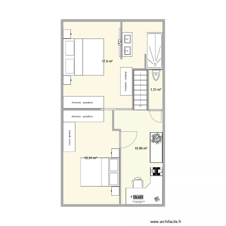 Etage T&eacute;o r&eacute;no V2. Plan de 4  et 42 m²