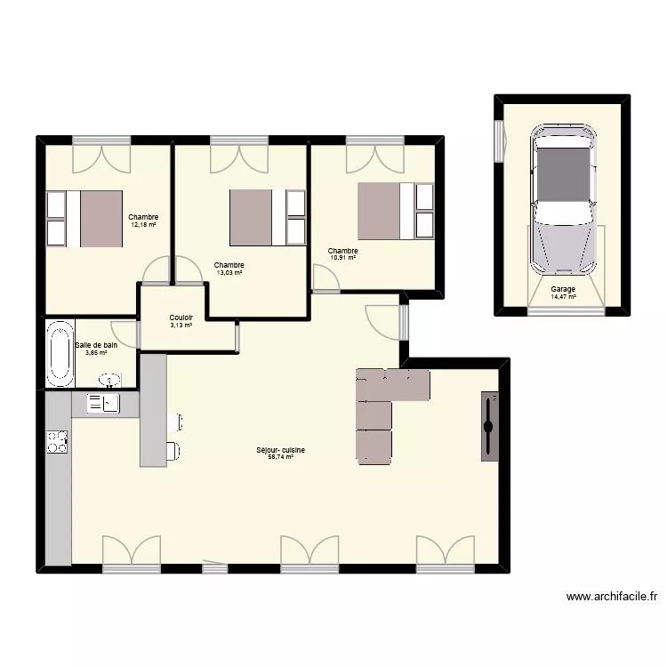 capek PICARDIE cuisine ouverte 3 chambres. Plan de 7  et 116 m²