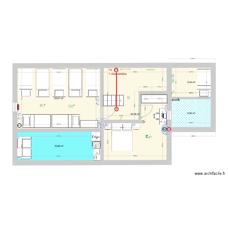 UH1 - Combles - électricité et ventillation. Plan de 5 pièces et 70 m2