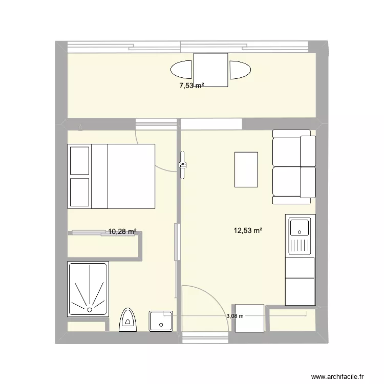 Vezinet. Plan de 3 pièces et 30 m²