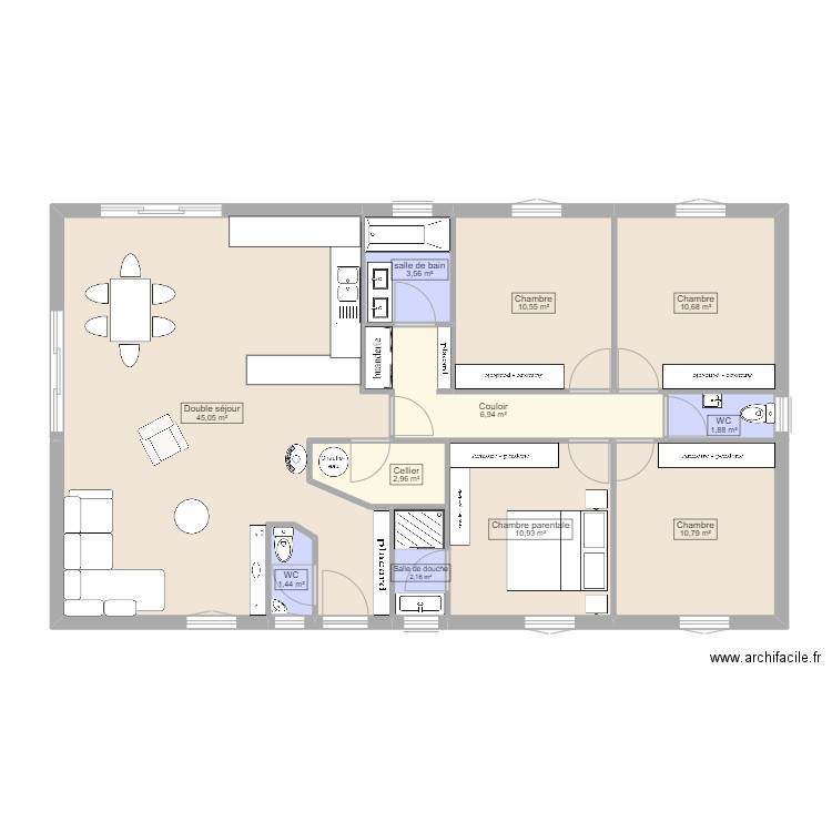 Maison 115m2 plain-pied 4chambres. Plan de 11 pièces et 107 m2