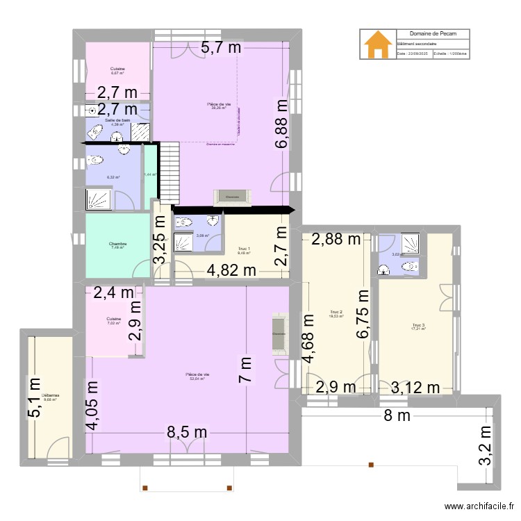 Pecam - Secondaire. Plan de 15 pièces et 188 m2
