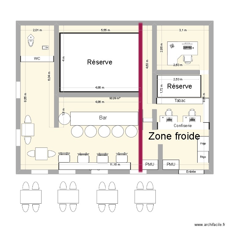 bar tabac. Plan de 1 pièce et 91 m2