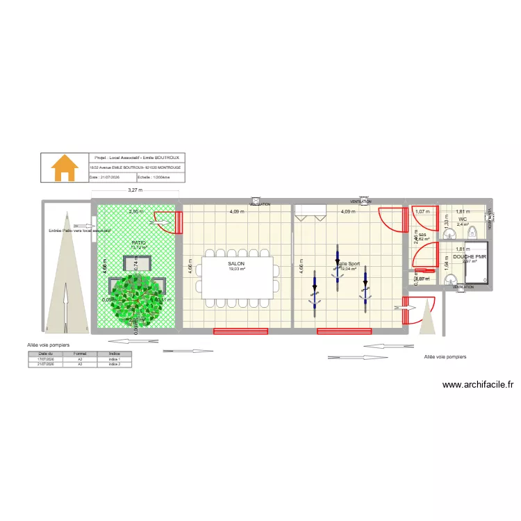 Plan projet&eacute; local associatif Boutroux. Plan de 7  et 60 m²