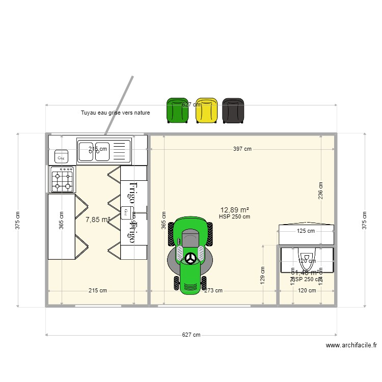 cabane + cuisine kerbilet. Plan de 3 pièces et 22 m2