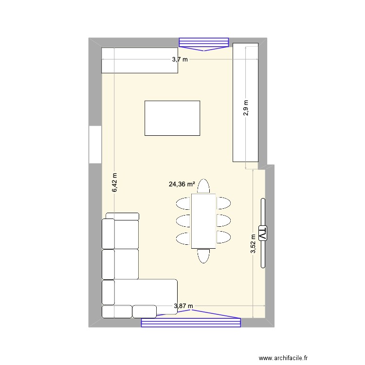 Cuisine et salon. Plan de 1 pièce et 24 m2