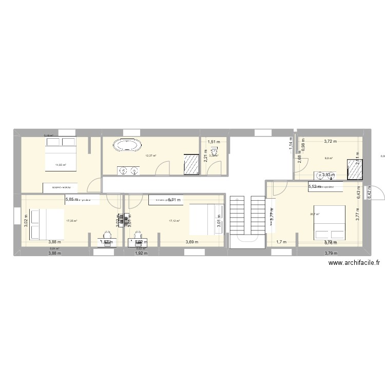 étage Brique silex. Plan de 11 pièces et 96 m2